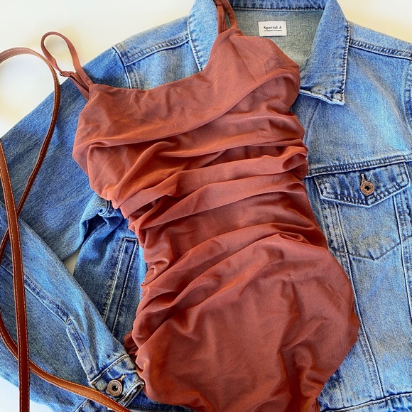 Orange Mesh Sheer Sleeveless Bodysuit - Picture 2 of 8